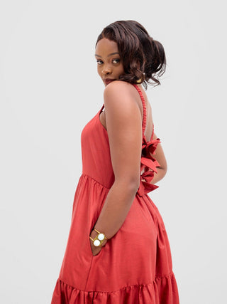 Safari Kikoy Tie Back Maxi Dress - Dark Red - Shopzetu