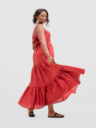 Safari Kikoy Tie Back Maxi Dress - Dark Red - Shopzetu