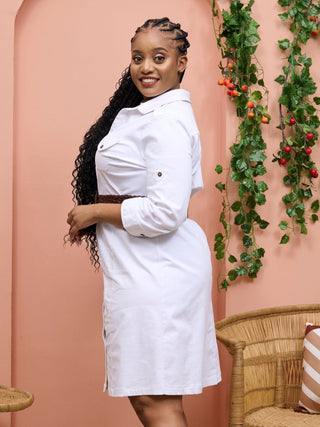 Safari Chui 3/4 Sleeve A - Line Dress - White - Shopzetu