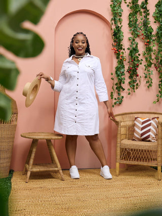 Safari Chui 3/4 Sleeve A - Line Dress - White - Shopzetu