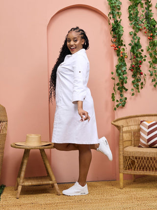Safari Chui 3/4 Sleeve A - Line Dress - White - Shopzetu