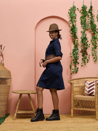 Safari Chui 3/4 Sleeve A - Line Dress - Navy - Shopzetu