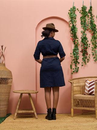 Safari Chui 3/4 Sleeve A - Line Dress - Navy - Shopzetu