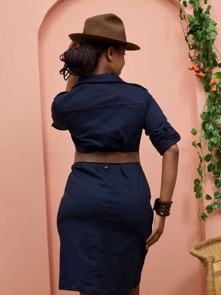 Safari Chui 3/4 Sleeve A - Line Dress - Navy - Shopzetu