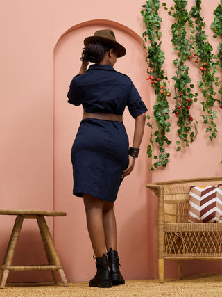 Safari Chui 3/4 Sleeve A - Line Dress - Navy - Shopzetu
