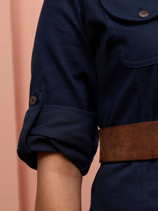Safari Chui 3/4 Sleeve A - Line Dress - Navy - Shopzetu