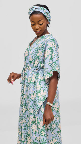 Safari by Vivo Cotton Wide Drawstring Kaftan - Light Blue / Green Print