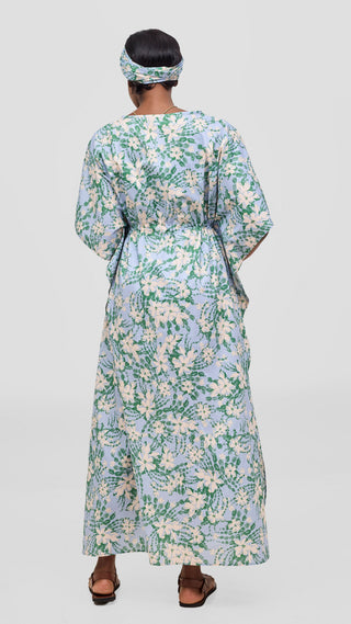 Safari by Vivo Cotton Wide Drawstring Kaftan - Light Blue / Green Print