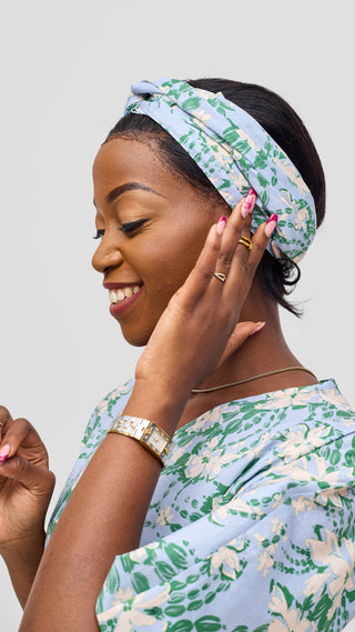 Safari by Vivo Cotton Wide Drawstring Kaftan - Light Blue / Green Print