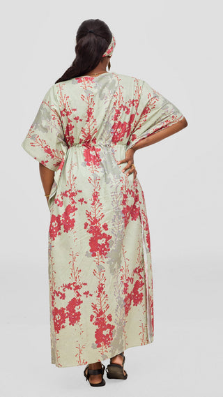 Safari by Vivo Cotton Wide Drawstring Kaftan - Mint / Red Print