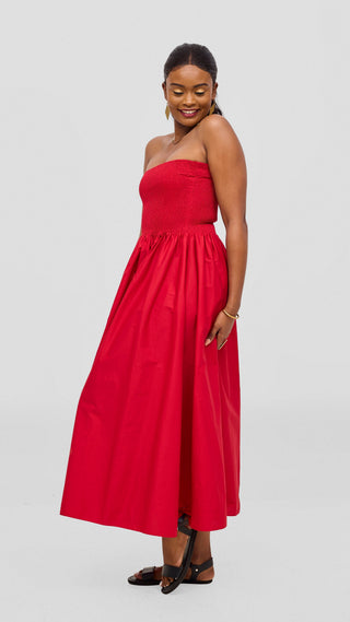 red safari dress Safari by Vivo Zehra Shirred Midi Dress
