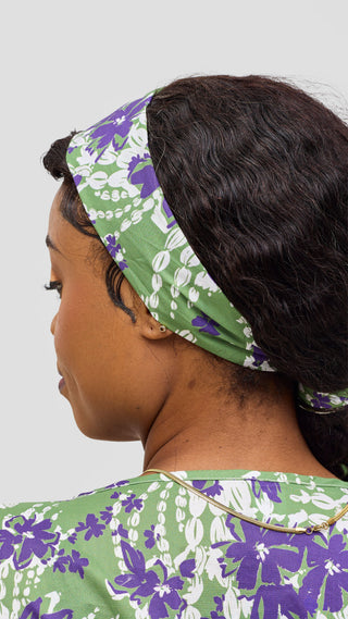 Safari by Vivo Cotton Wide Drawstring Kaftan - Green / Purple Print