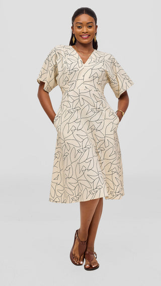 Safari by Vivo Zehra Tie Waist Kimono Dress - Cream / Black Print
