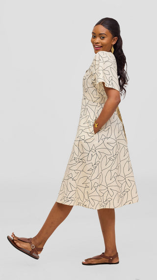 Safari by Vivo Zehra Tie Waist Kimono Dress - Cream / Black Print