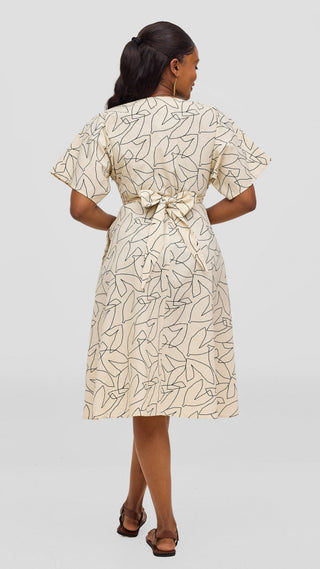 Safari by Vivo Zehra Tie Waist Kimono Dress - Cream / Black Print