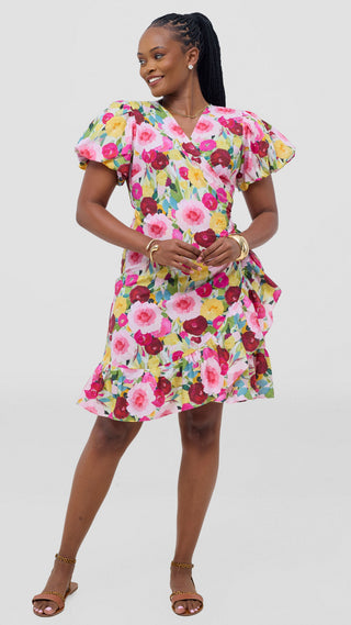 Safari by Vivo Cotton Wrap Dress - Yellow / Pink Print