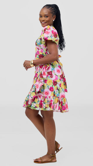 Safari by Vivo Cotton Wrap Dress - Yellow / Pink Print