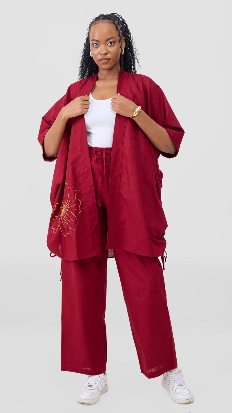 Safari by Vivo Zehra Embroidered Linen Kimono - Maroon