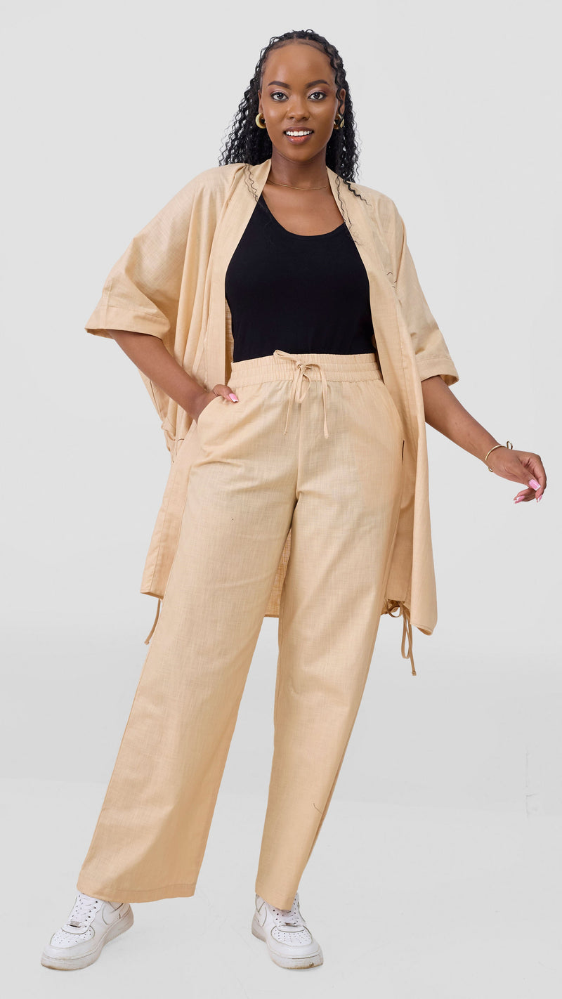 Safari by Vivo Zehra Embroidered Linen Kimono - Beige