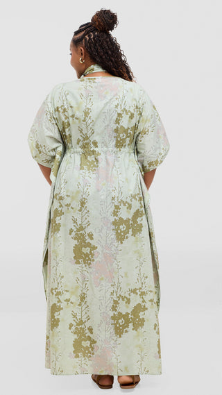 Safari by Vivo Cotton Wide Drawstring Kaftan - Mint / Olive Print
