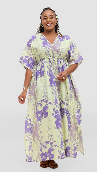 Safari by Vivo Cotton Wide Drawstring Kaftan - Light Olive / Purple Print
