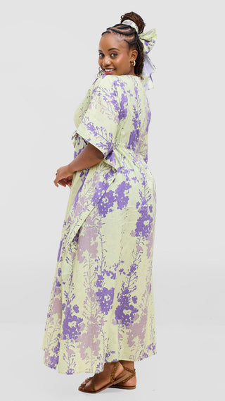 Safari by Vivo Cotton Wide Drawstring Kaftan - Light Olive / Purple Print