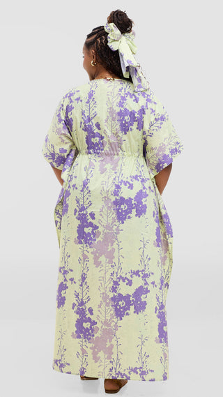 Safari by Vivo Cotton Wide Drawstring Kaftan - Light Olive / Purple Print