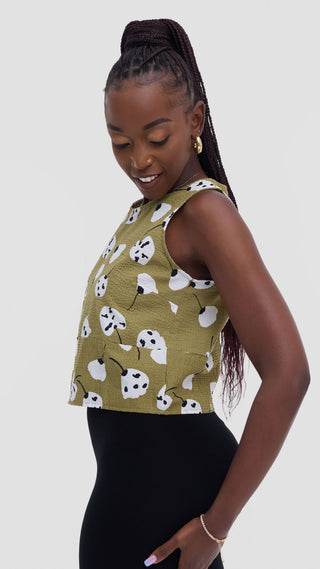 Safari by Vivo Zehra Sleeveless Boxy Top - Olive / White Print