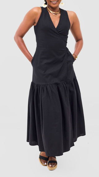 Safari Naledi Gathered Panel Wrap Dress - Black - Shopzetu