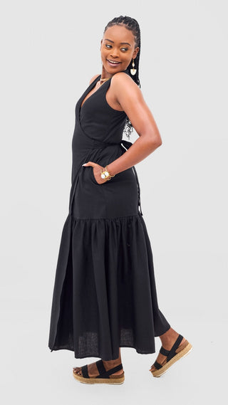 Safari Naledi Gathered Panel Wrap Dress - Black - Shopzetu