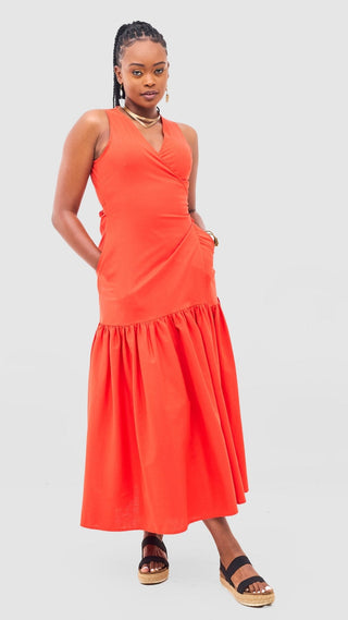 Safari Naledi Gathered Panel Wrap Dress - Orange - Shopzetu