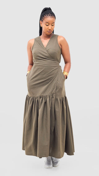 Safari Naledi Gathered Panel Wrap Dress - Hunters - Shopzetu