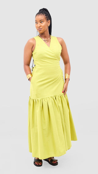 Safari Naledi Gathered Panel Wrap Dress - Lime - Shopzetu