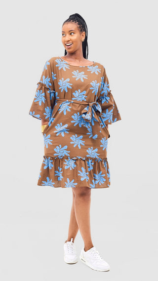 Safari Naledi Flounce Tent Dress - Brown / Blue Nale Print - Shopzetu