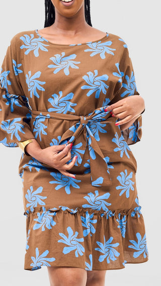 Safari Naledi Flounce Tent Dress - Brown / Blue Nale Print - Shopzetu