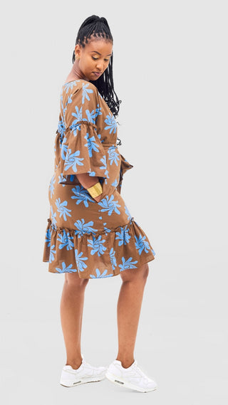 Safari Naledi Flounce Tent Dress - Brown / Blue Nale Print - Shopzetu