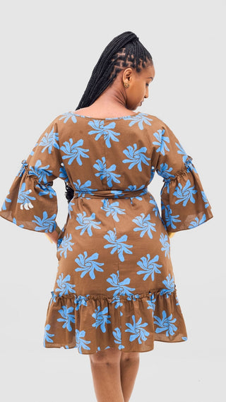 Safari Naledi Flounce Tent Dress - Brown / Blue Nale Print - Shopzetu