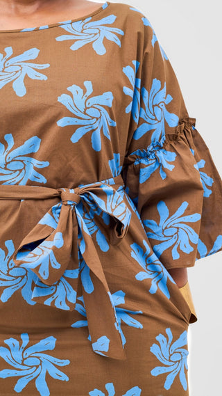 Safari Naledi Flounce Tent Dress - Brown / Blue Nale Print - Shopzetu