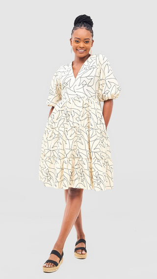 Safari Naledi Bishop Sleeve Tiered Dress - Beige / Black Wia Print - Shopzetu