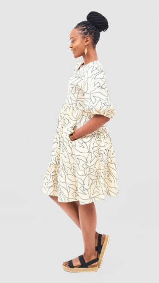 Safari Naledi Bishop Sleeve Tiered Dress - Beige / Black Wia Print - Shopzetu
