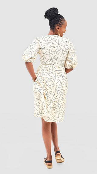 Safari Naledi Bishop Sleeve Tiered Dress - Beige / Black Wia Print - Shopzetu