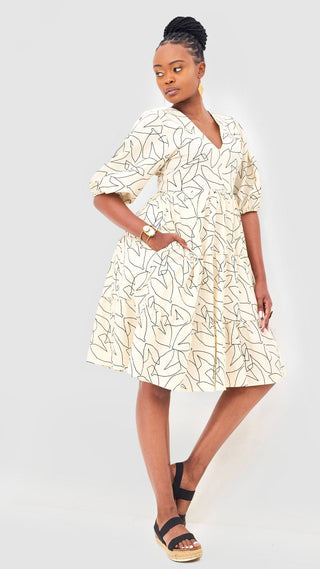 Safari Naledi Bishop Sleeve Tiered Dress - Beige / Black Wia Print - Shopzetu