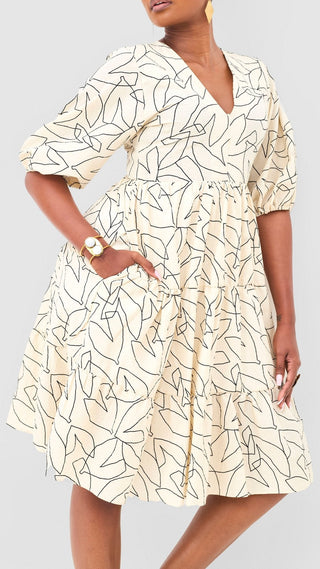Safari Naledi Bishop Sleeve Tiered Dress - Beige / Black Wia Print - Shopzetu