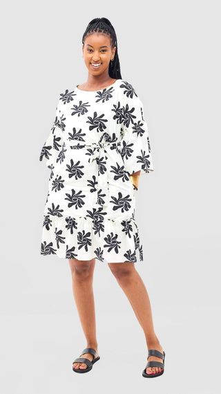Safari Naledi Flounce Tent Dress - White / Black Nale Print - Shopzetu