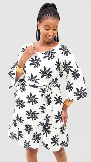 Safari Naledi Flounce Tent Dress - White / Black Nale Print - Shopzetu