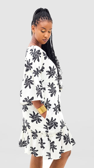 Safari Naledi Flounce Tent Dress - White / Black Nale Print - Shopzetu