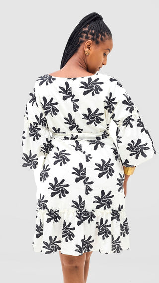 Safari Naledi Flounce Tent Dress - White / Black Nale Print - Shopzetu