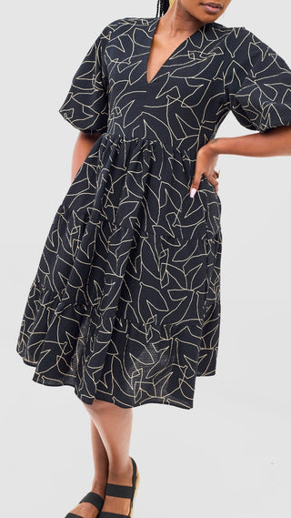 Safari Naledi Bishop Sleeve Tiered Dress - White / Black Wia Print - Shopzetu