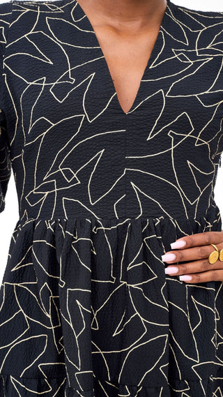 Safari Naledi Bishop Sleeve Tiered Dress - White / Black Wia Print - Shopzetu