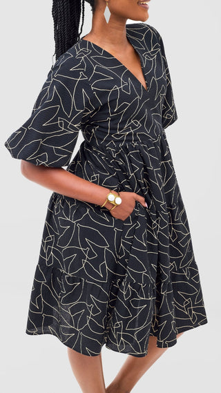 Safari Naledi Bishop Sleeve Tiered Dress - White / Black Wia Print - Shopzetu